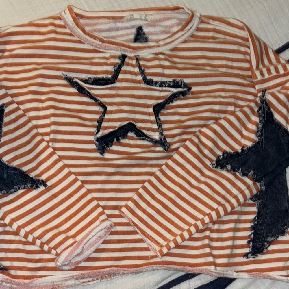 Women’s Long-Sleeve Striped Star Applique Top - Orange/White/Denim